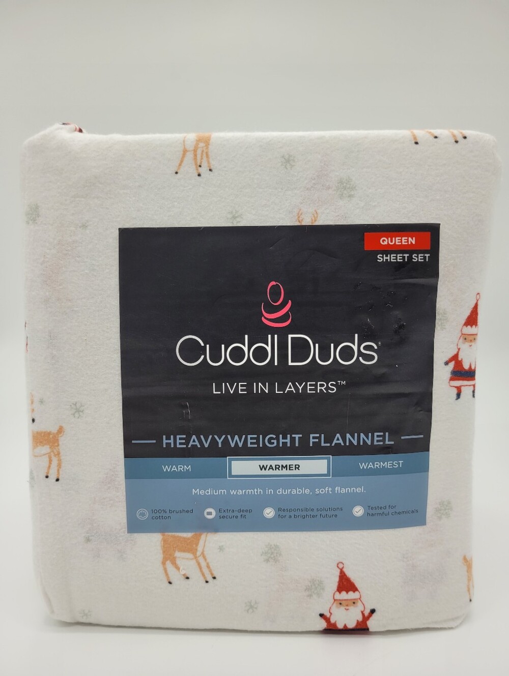 Cuddl Duds Heavyweight Flannel Sheet Set Reindeer Santa Print QUEEN Size NEW